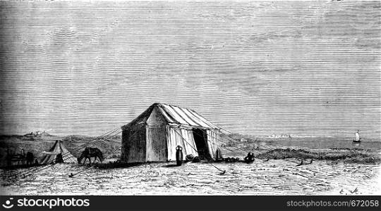 Camp on the ruins of Utica, vintage engraved illustration. Le Tour du Monde, Travel Journal, (1872).