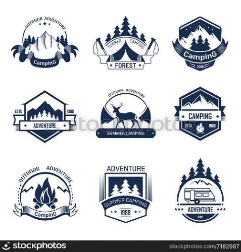 Camp or camping logo template of summer outdoor adventure, hiking or mountaineering team badge and sport club. Vector isolated icons of mountain forest, camp tent and fire. Camp camping summer outdoor adventure vector icons