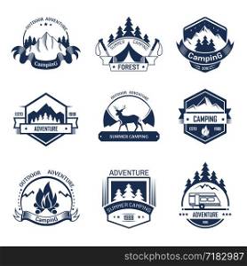 Camp or camping logo template of summer outdoor adventure, hiking or mountaineering team badge and sport club. Vector isolated icons of mountain forest, camp tent and fire. Camp camping summer outdoor adventure vector icons