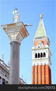 Campanile and St.Teodoro on column in Venice, Italy