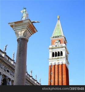 Campanile and statue of St.Theodore on San Marco square, Venice, Italy&#xA;
