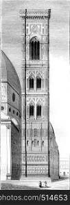 Campanile of Santa Maria del Fiore, Cathedral of Florence, vintage engraved illustration. Magasin Pittoresque 1844.