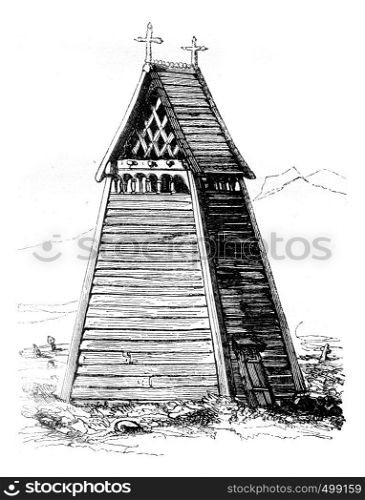 Campanile of the borgund church, vintage engraved illustration. Magasin Pittoresque 1841.