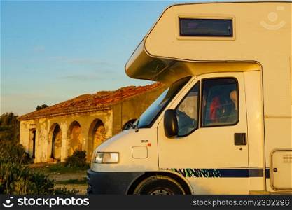 Camper on mediterranean coast, beach Torrecarbonera, Punta Mala, Alcaidesa, Spain. Vacation and travelling in mobile home.. Caravan on coast by Punta Mala, Alcaidesa Spain