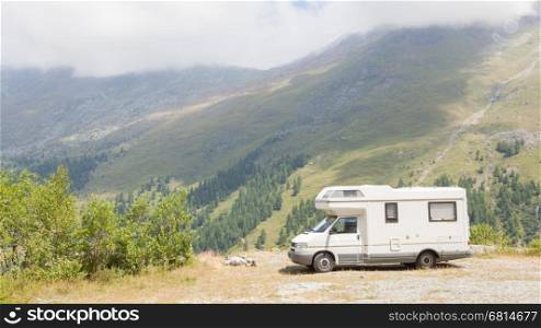 Camper van parked high in the mountains, Switzerland