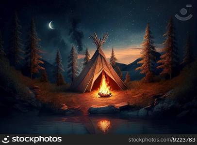 Campfire and tent as summer vacation in wild nature illustration. AI generative.