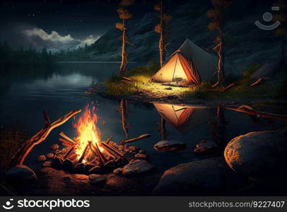 Campfire and tent as summer vacation in wild nature illustration. AI generative.