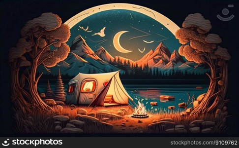 Camping at night with campfire. Generative AI. High quality illustration. Camping at night with campfire. Generative AI
