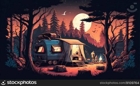 Camping at night with campfire. Generative AI. High quality illustration. Camping at night with campfire. Generative AI