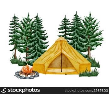 Camping clipart. Hand drawn wild camping illustration. Forest, hiking design. Watercolor tent in the meadow of the pine foreest... Camping clipart. Hand drawn wild camping illustration. Forest, hiking design. Watercolor tent in the meadow of the pine foreest.