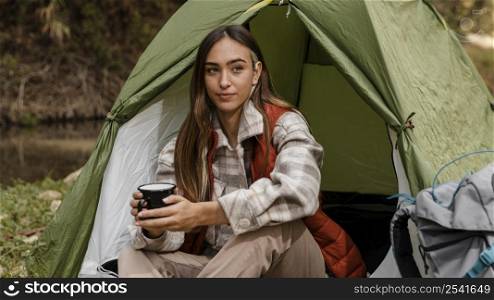camping girl forest holding mug