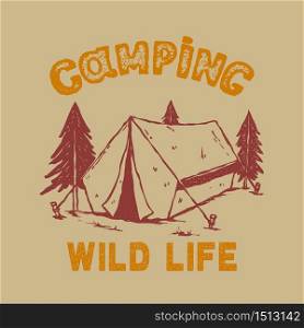 Camping. Illustration of tourist tent in the woods. Design element for poster, card, banner, flyer, t shirt. Vector illustration