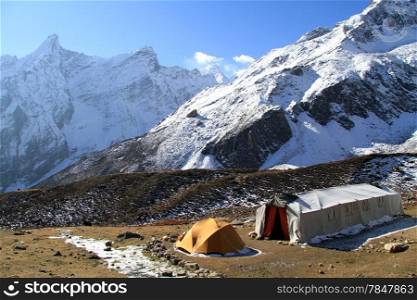 Camping in Dharmsala near Larke pass on the Manaslu in Nepal