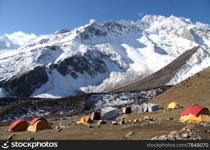 Camping in Dharmsala on the way to Larke pass in Nepal