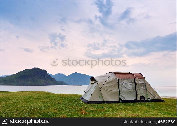 Camping on the ocean coast. Vacation in Norway, Lofoten islands