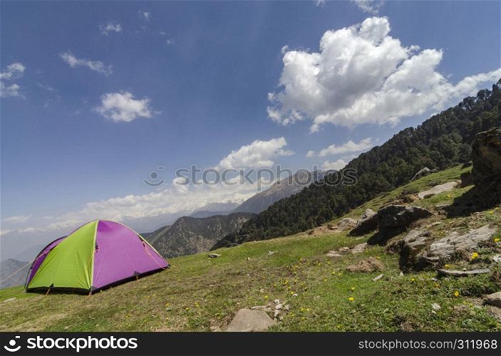 Camping Site and tent near Tungnath Base, Chopta, Garhwal, Uttarakhand, India.. Camping Site and tent near Tungnath Base, Chopta, Garhwal, Uttarakhand, India