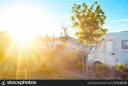 Camping site in the bright morning sunight