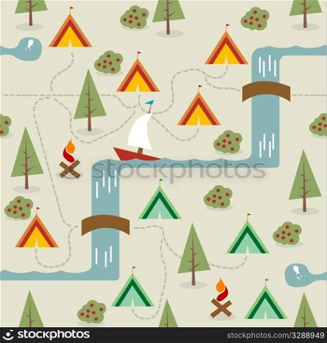 Camping site map, seamless background