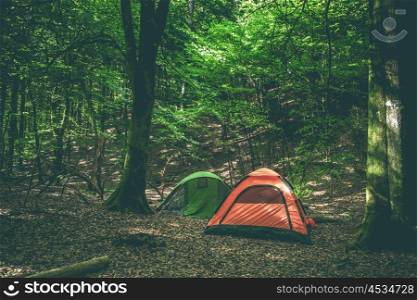 Camping site with two tents in a green forest