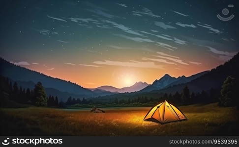 Camping tent perched high in the mountains during sunset