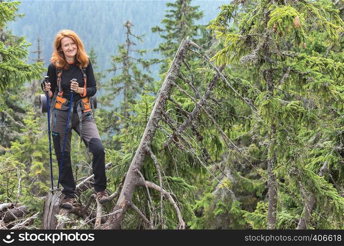 camping trip. girl hiker at the mountains. gorgany, Ukraine.