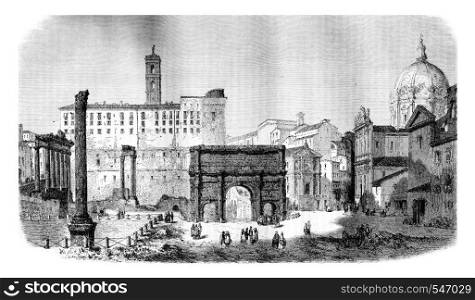 Campo Vaccino in Rome, vintage engraved illustration. Magasin Pittoresque 1861.