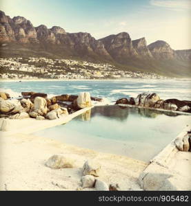 Camps Bay, Cape Town at dusk with retro Instagram style filter effect