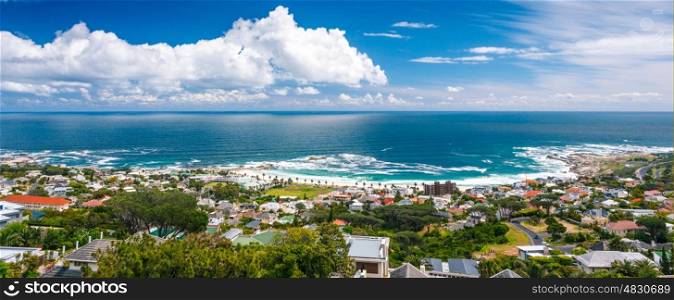 Camps Bay panoramic landscape, beautiful coastal city, famous touristic place, Cape Town, South Africa&#xA;