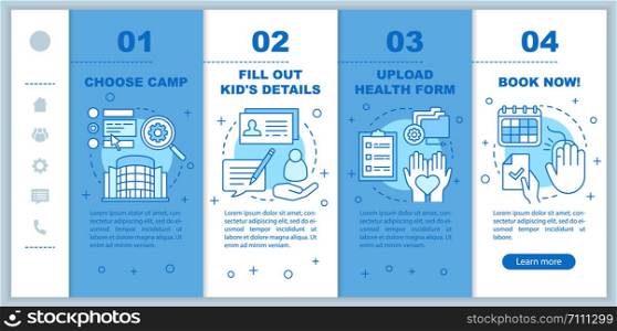 Camps choice, booking onboarding mobile web pages vector template. Responsive smartphone website interface idea with linear illustrations. Webpage walkthrough step screens. Color concept