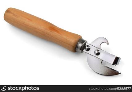 Can and bottle opener with wooden handle isolated on white