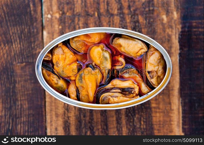 Can of canned mussels. Healthy meal