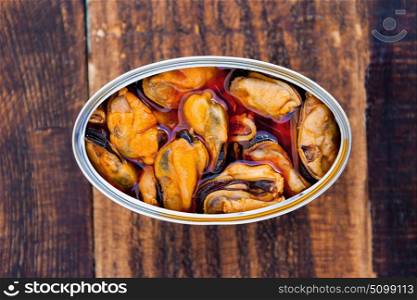 Can of canned mussels. Healthy meal