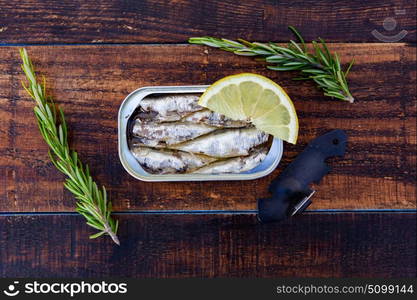 Can of canned oil sardines . Healthy meal