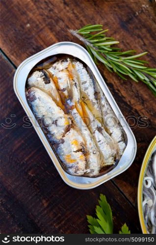 Can of canned oil sardines . Healthy meal