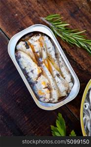 Can of canned oil sardines . Healthy meal