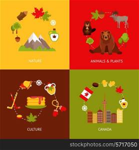 Canada colored flat icons set with nature animals plants culture isolated vector illustration