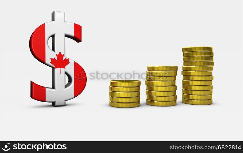 Canada economy concept with Canadian flag and dollar icon and golden coins stacks 3D illustration.