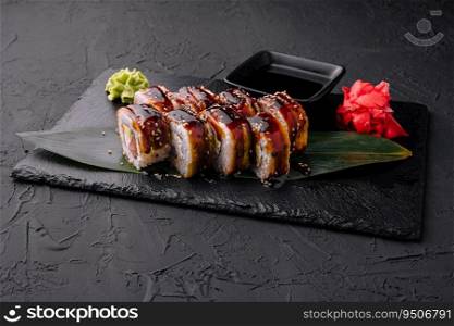 Canada eel sushi rolls with salmon on a stone plate