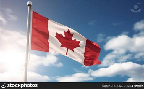 Canada flag flying on the blue sky.