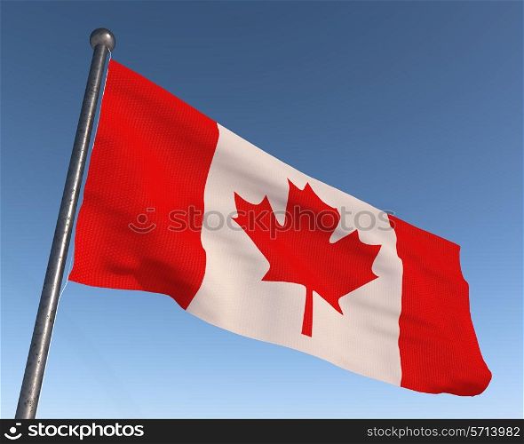 Canada national flag with blue sky in the background.