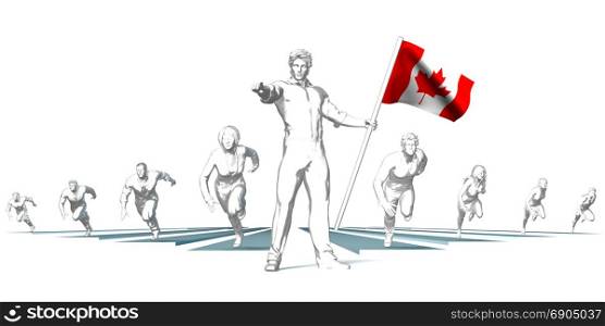 Canada Racing to the Future with Man Holding Flag. Canada Racing to the Future
