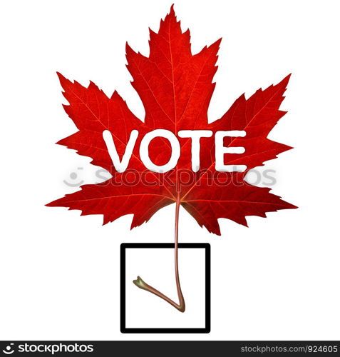 Canada vote symbol and canadian election concept with a red maple leaf shaped as a check mark in a 3D illustration style.