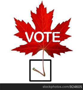 Canada vote symbol and canadian election concept with a red maple leaf shaped as a check mark in a 3D illustration style.