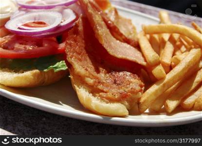Canadian back bacon on a bun with fries dinner