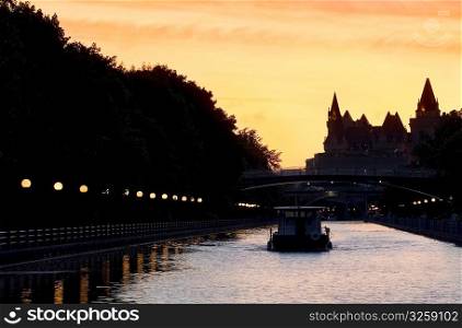 Canadian Cities, House boat on evening cruise, Rideau Canal, Ottawa Canada.