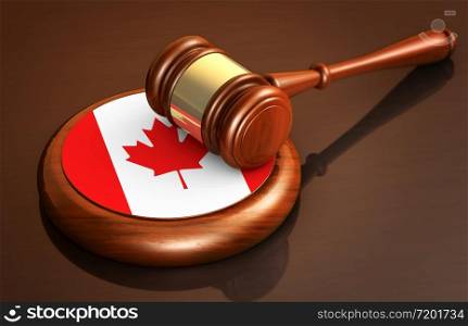 Canadian law, lawsuit and justice concept with a 3d rendering of a judge gavel and the flag of Canada on a wooden desk.