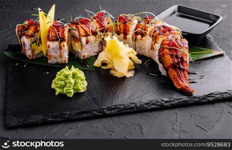 Canadian roll with eel, cheese cream and avocado on black