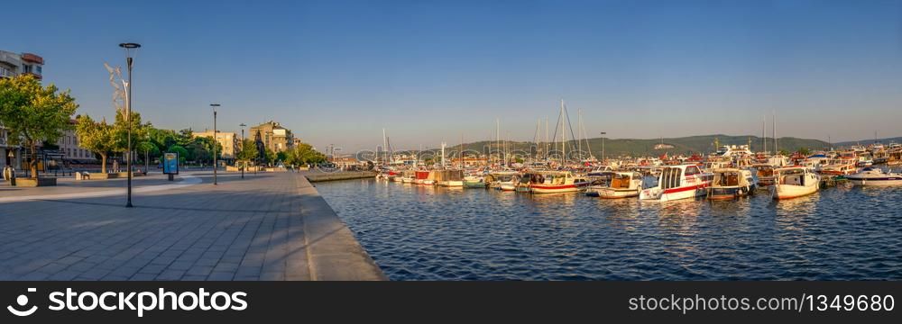 Canakkale, Turkey - 07.23.2019. Marina and Embankment of the Canakkale city in Turkey on a sunny summer morning. Big size panoramic view. Canakkale marina in Turkey
