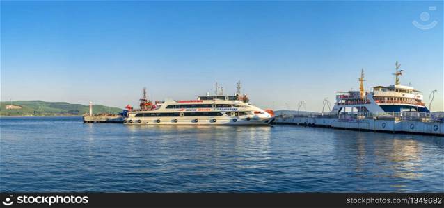 Canakkale, Turkey - 07.23.2019. Marina and Embankment of the Canakkale city in Turkey on a sunny summer morning. Big size panoramic view. Canakkale marina in Turkey