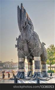 Canakkale, Turkey ? 07.23.2019. Statue of the Trojan horse in Canakkale on a summer morning. Trojan horse in Canakkale, Turkey